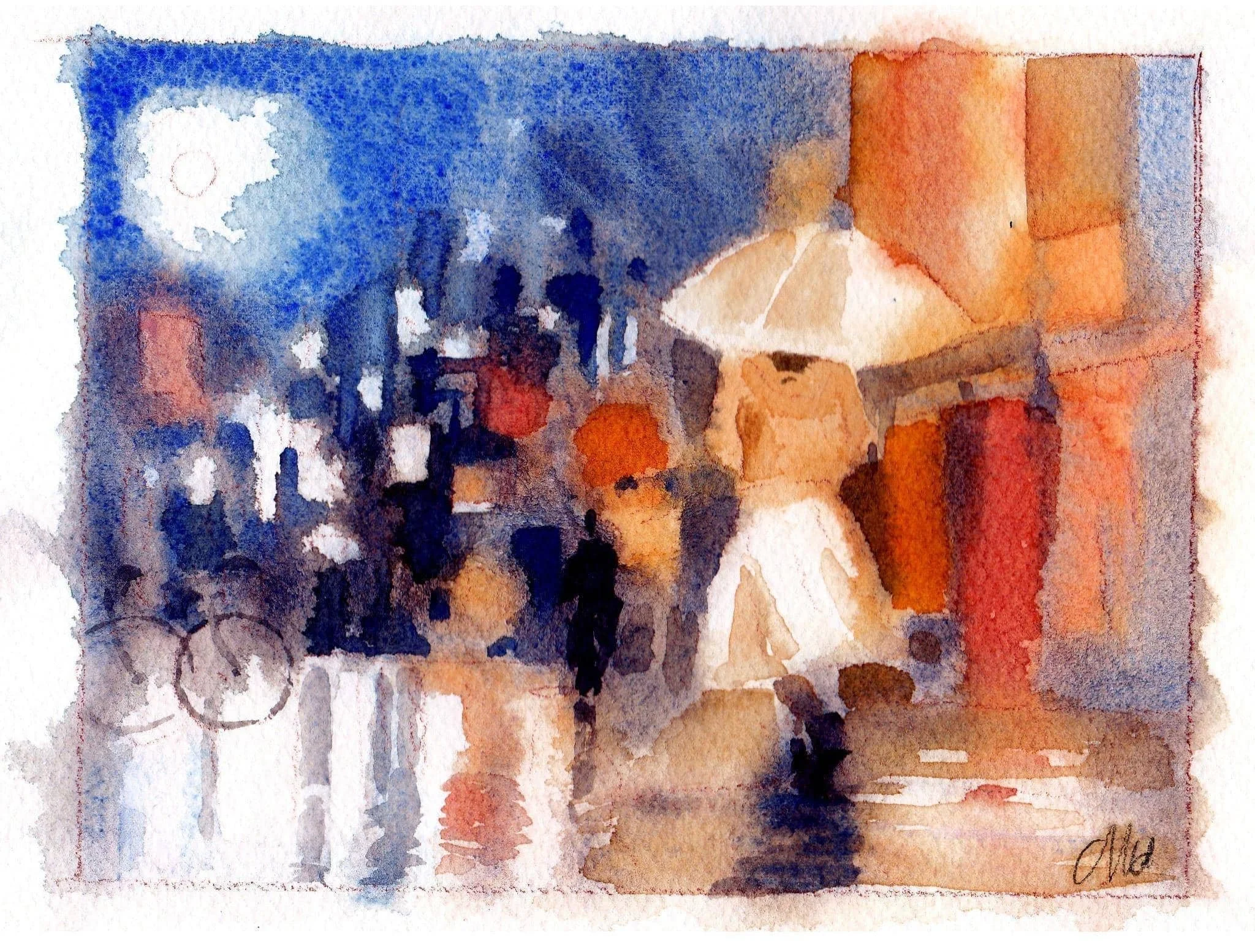 Dipinto ad acquerello di una scena di città notturna con persone, ombrelli e biciclette, sotto un cielo blu con luna