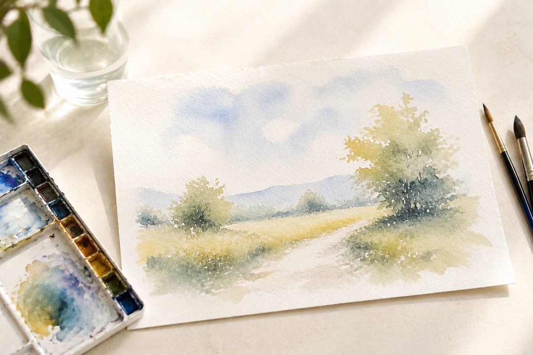 Paesaggio ad acquerello dipinto da un'allieva del corso base di Lodi, con palette e pennelli