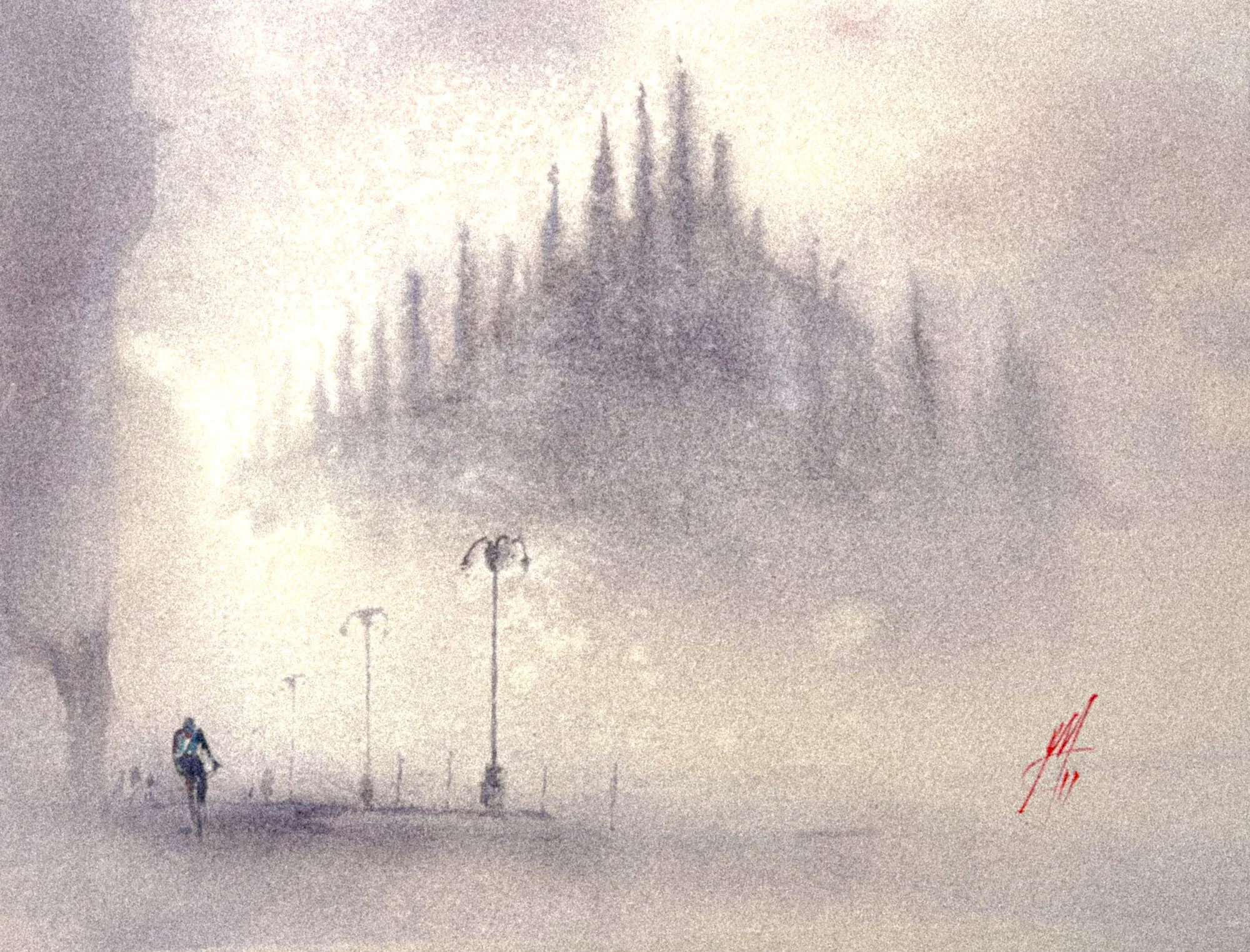 Paesaggio nella nebbia con figura e lampioni dipinto ad acquerello
