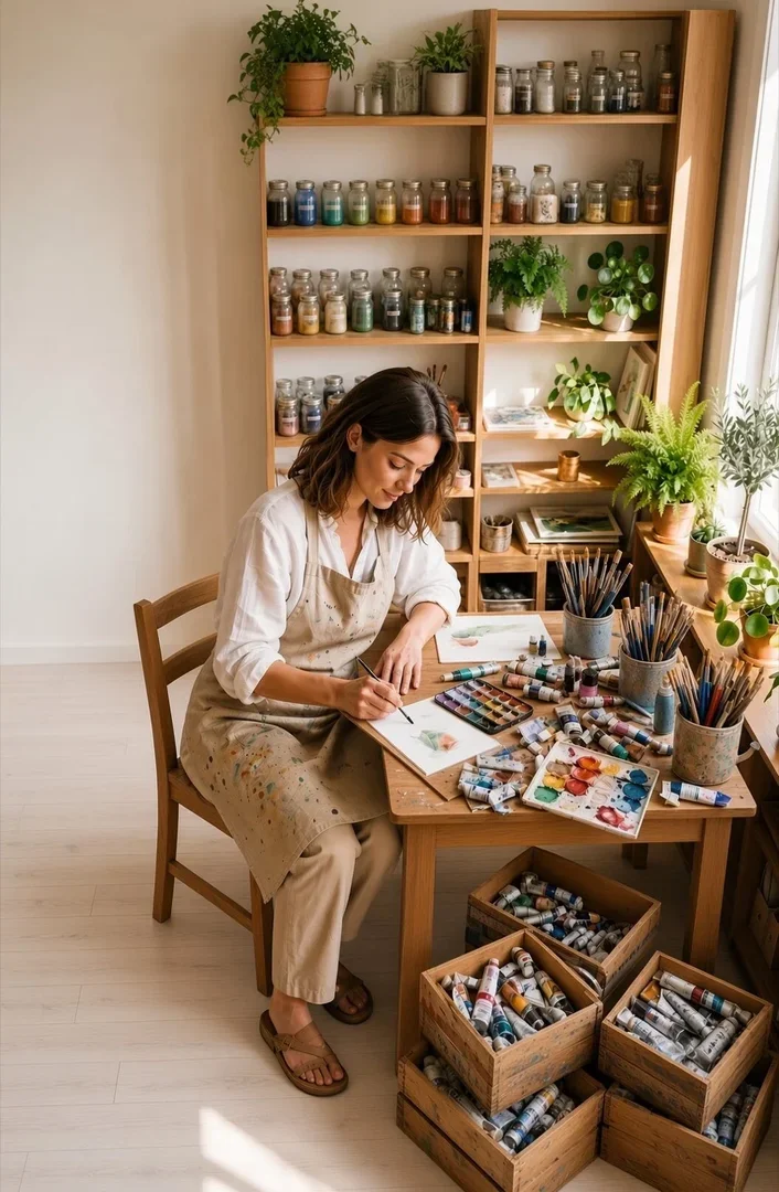 Lezione privata di acquerello nell'atelier CiaoArte a Lodi, tra scaffali di colori e luce naturale