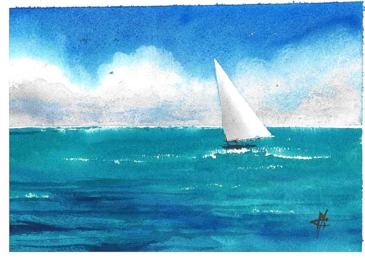 Vela bianca sul mare turchese, acquerello — pacchetto Il mare