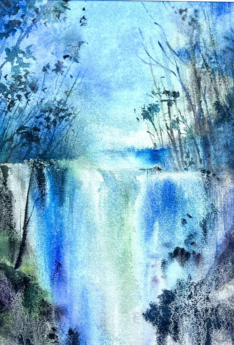 Cascata azzurra fra le rocce, acquerello — pacchetto Cielo e acqua
