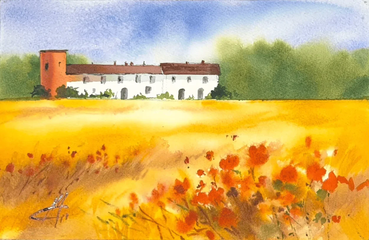 Cascina di campagna con papaveri dipinta ad acquerello