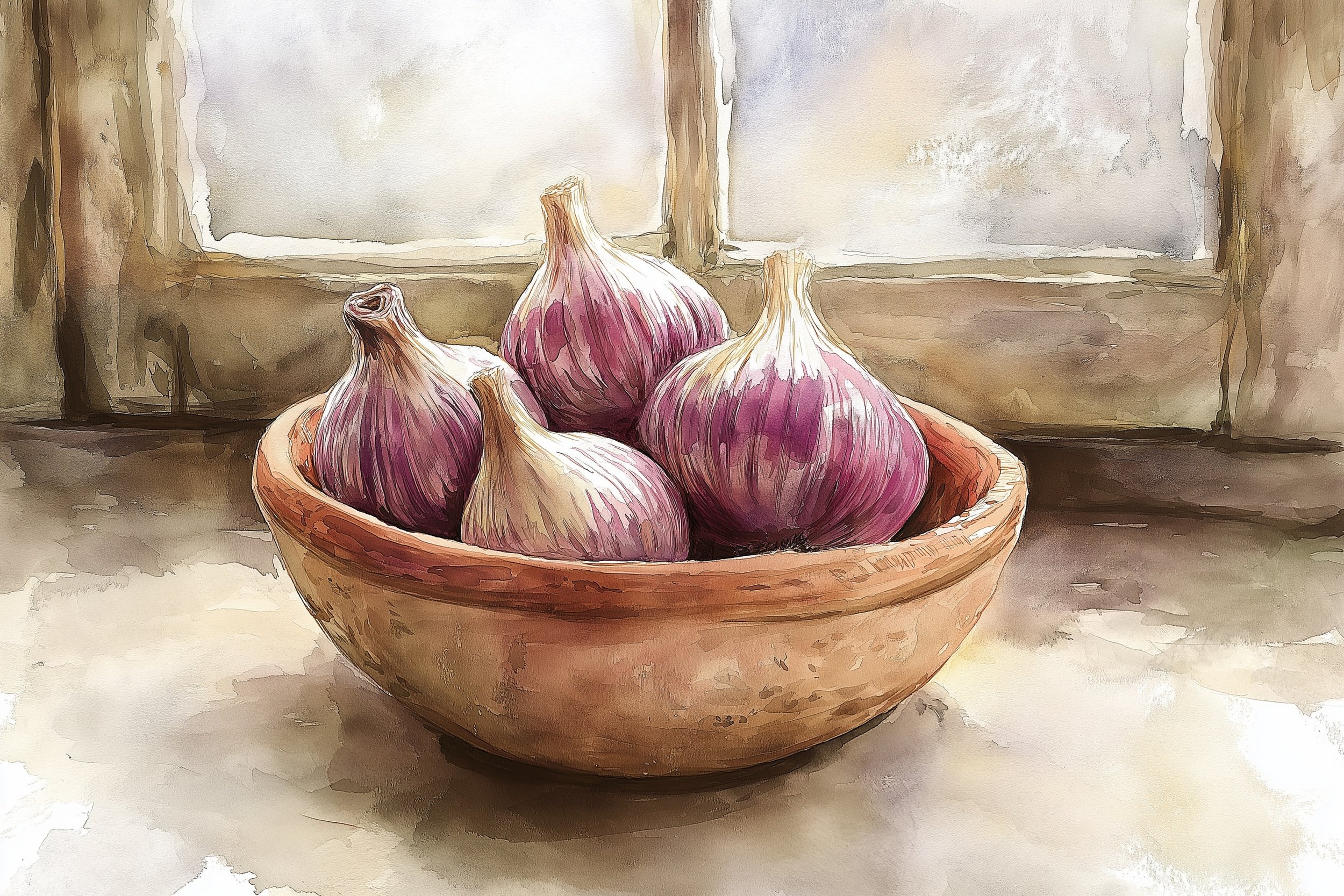 acquarello con diversi spicchi di cipolla di varie dimensioni e tonalità still Life