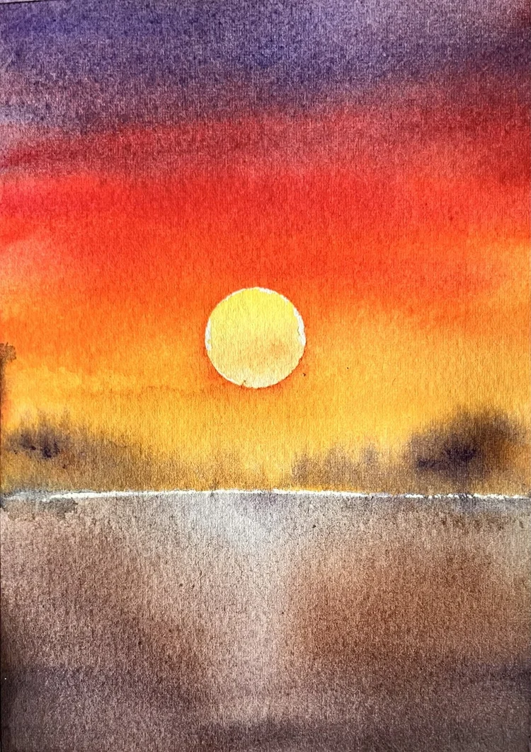 Sole rosso che scende sul mare, acquerello — pacchetto Dal temporale al tramonto