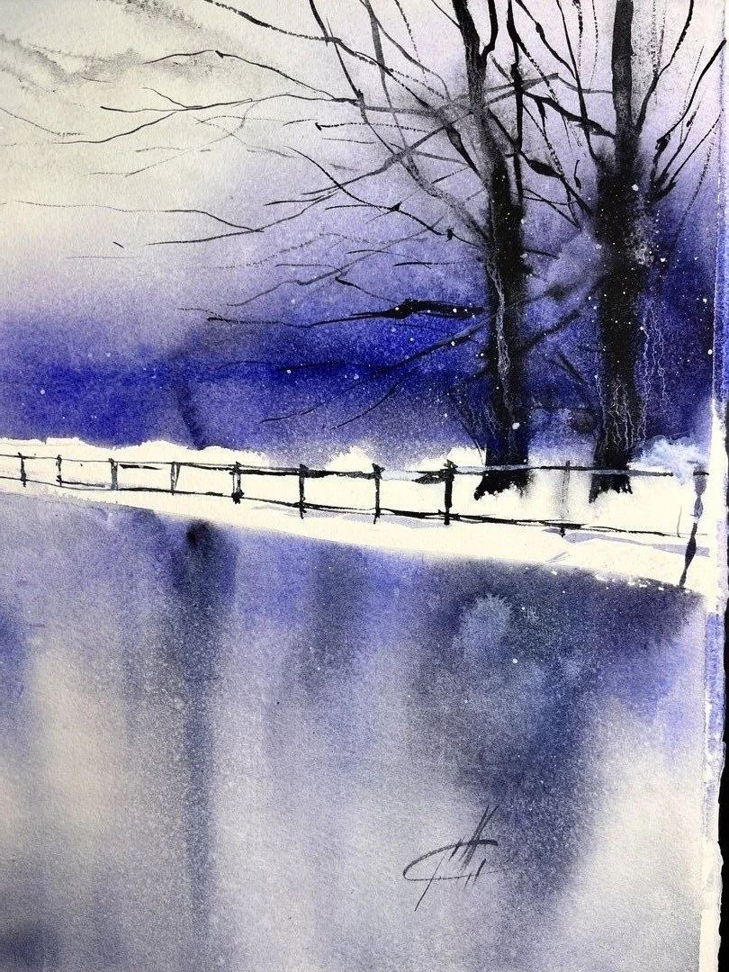Rami e recinzione nella neve, acquerello di Cristina Mollica