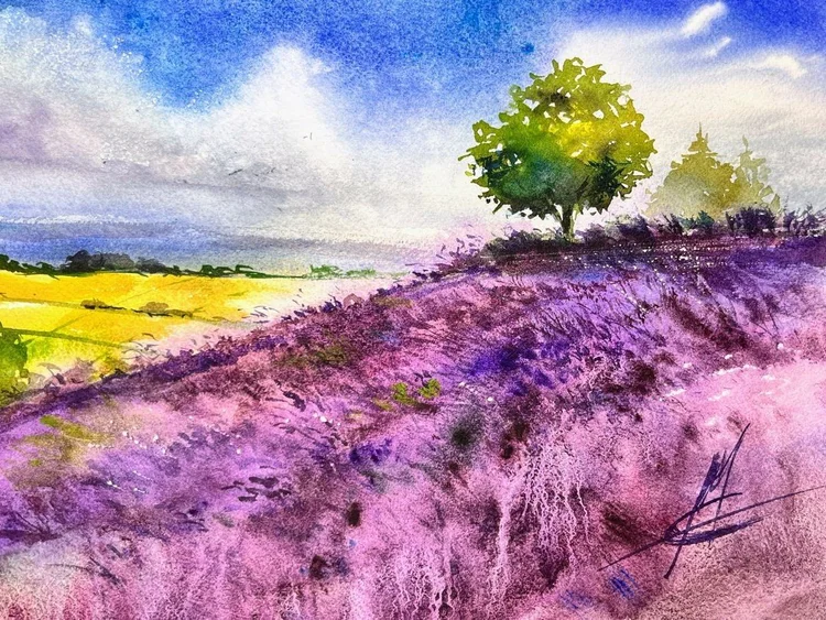 Collina di lavanda con un albero, acquerello — pacchetto I fiori