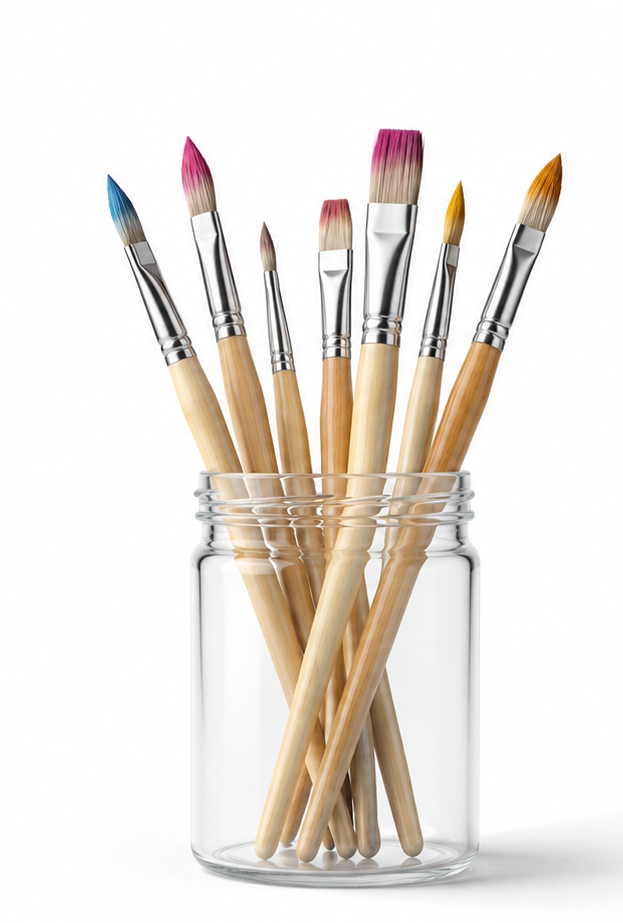 Set di pennelli per pittura con manici in legno, alcuni con punte colorate, posizionati in un barattolo di vetro.