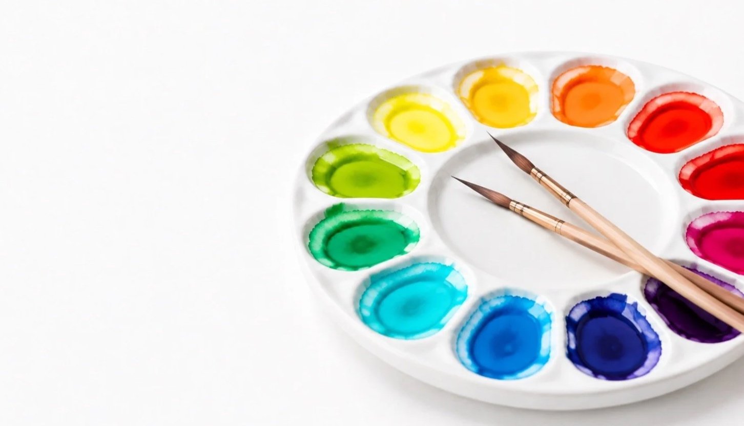 Una tavolozza di colori arcobaleno con due pennelli appoggiati su di essa.