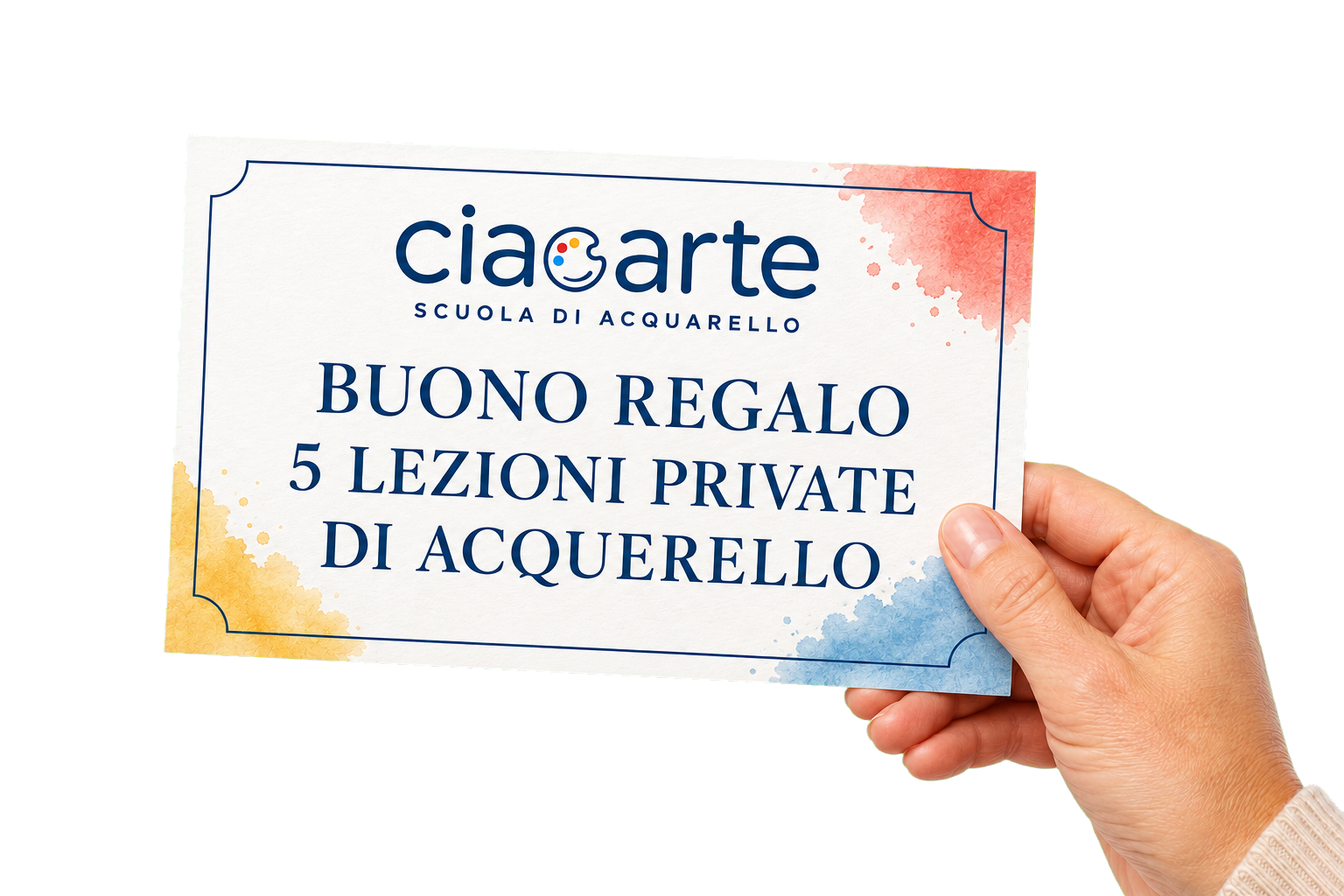 Certificato regalo per 5 lezioni private di acquerello, con il logo di ciarte e decorazioni colorate