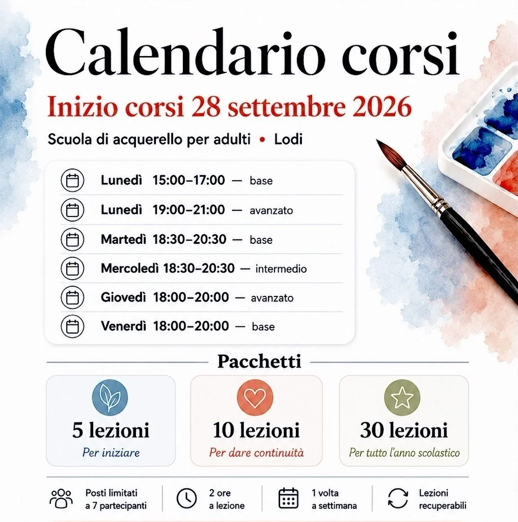 Calendario dei corsi di acquerello per adulti a Lodi, con orari e pacchetti di lezioni, da settembre 2026