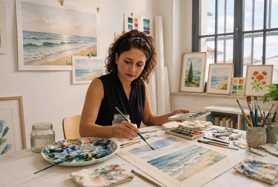 Una donna mentre dipinge un paesaggio marino con acquerelli in uno studio d'arte, circondata da tele e materiali per pittura.