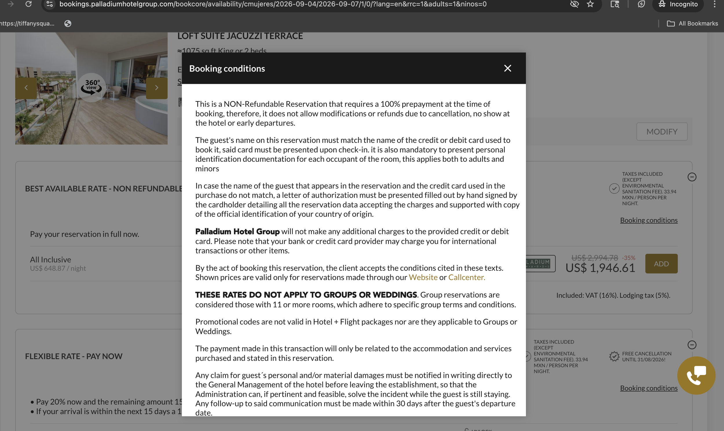 Pop-up window displaying the booking conditions for a hotel reservation, including policies on prepayment, identification, charges, and cancellation, with background showing a hotel booking webpage.