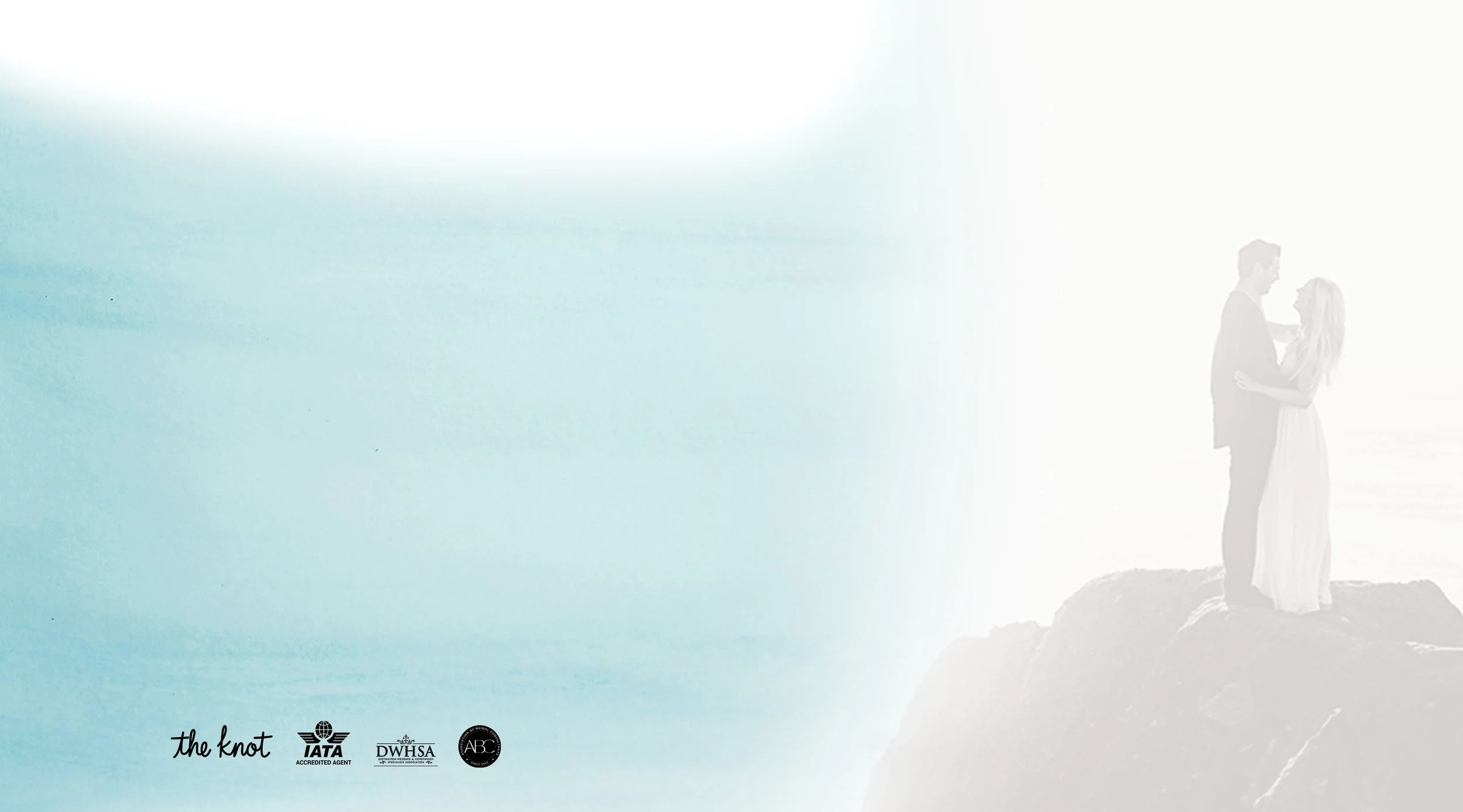 Silhouette of a couple standing on rocks, embracing each other at the beach with a light blue sky in the background. Logos of 'the knot', IATA, DWHS, and ABC are at the bottom.
