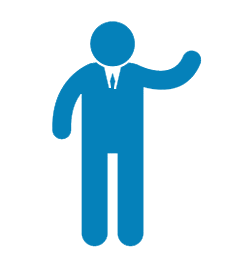 Simple blue icon of a person in a suit waving