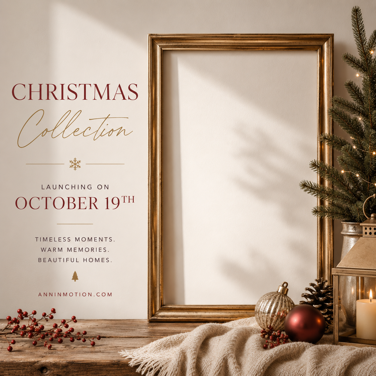 A promotional sign announcing the launch of a Christmas collection on October 19th, with festive decorations including a Christmas tree branch, ornaments, a candle, and a piece of fabric, all set on a wooden surface.