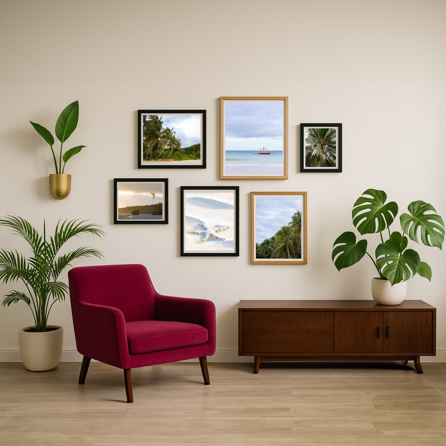 A living room corner with a maroon armchair, potted plants, a wooden sideboard, and framed beach photos on the wall.