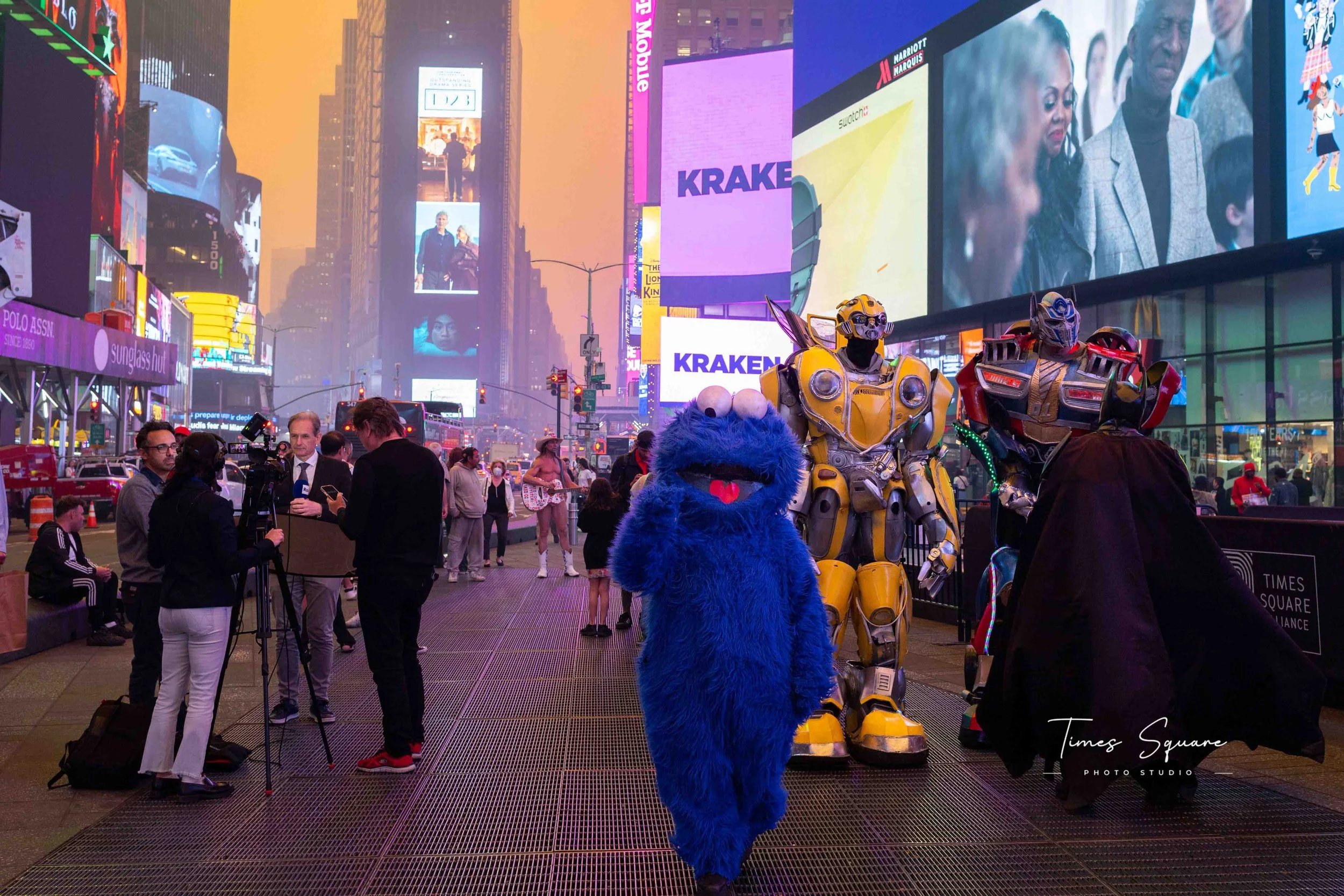 Photograph of Times Square during the 2023 Canadian wildfires, when smoke turned New York City's sky orange and reduced visibility throughout Manhattan.