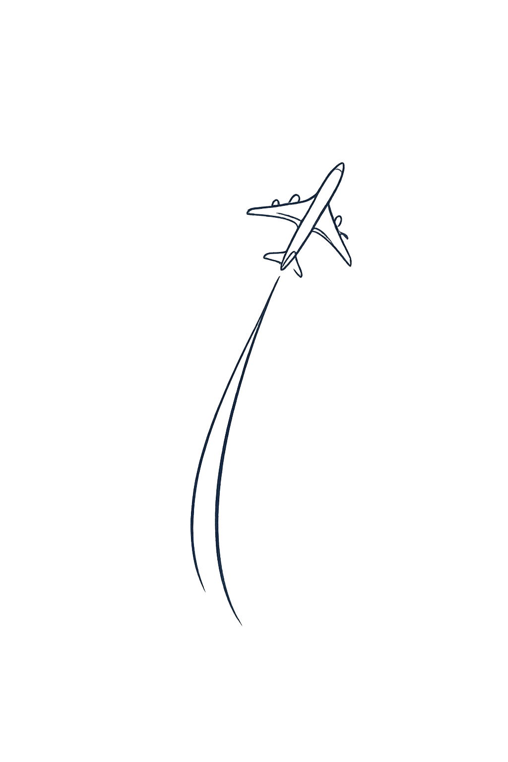 A simple line drawing of an airplane flying through the night sky, with city lights below.