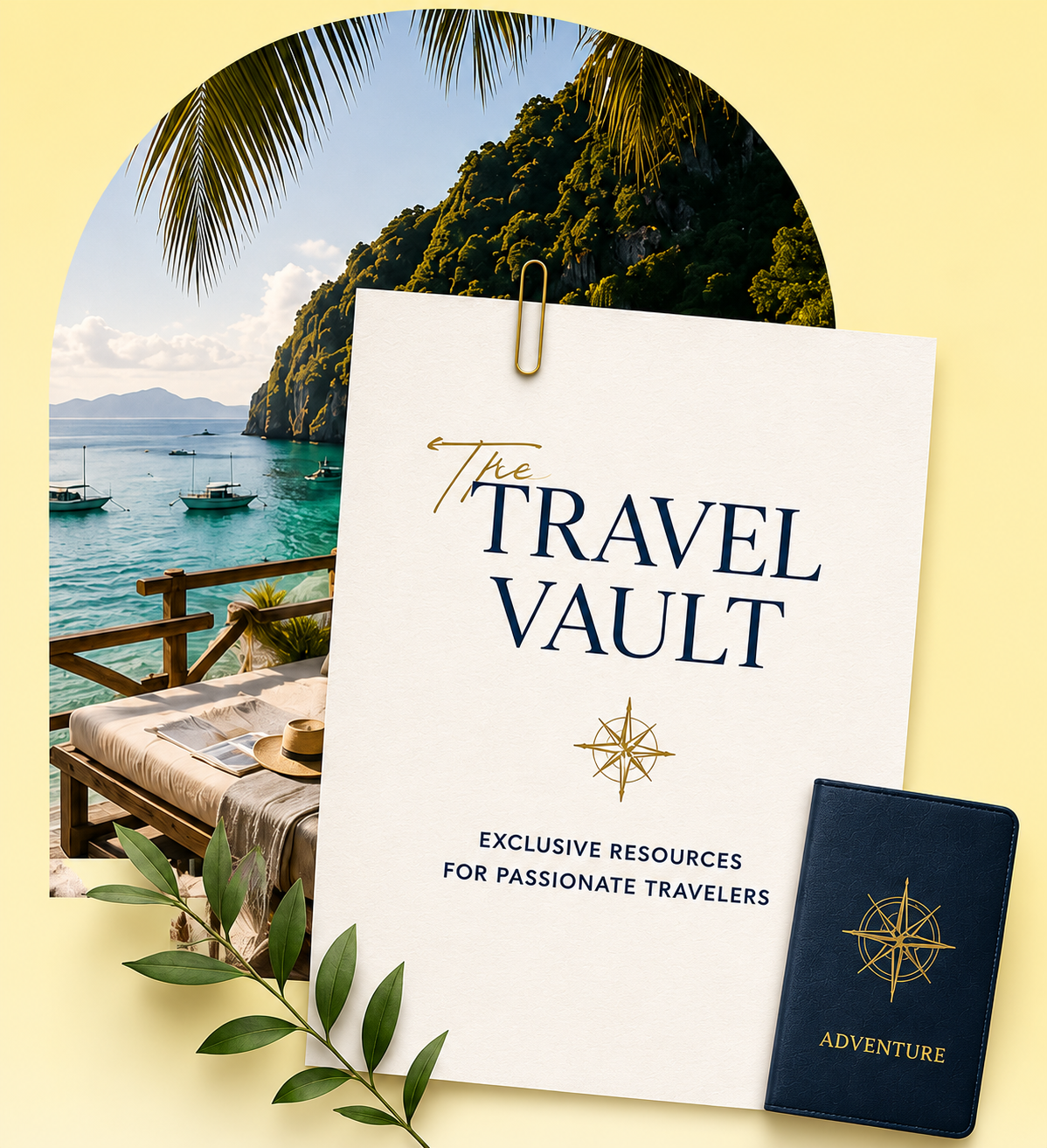A travel-themed composition with a scenic tropical harbor view through a circular opening, featuring boats, lush green cliffs, a sandy beach with a bed and hat, and a background of a clear blue sky. In the foreground, there are two travel booklets titled 'The Travel Vault' and 'Adventure', along with green foliage.