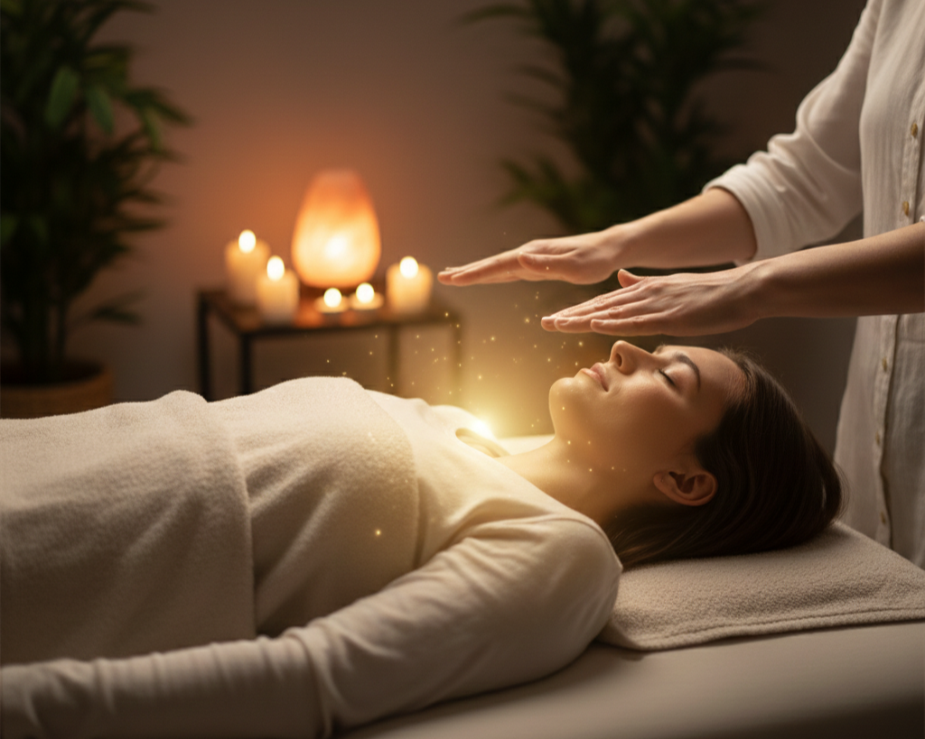 Reiki healing session with Cristina’s hands hovering above client’s shoulders – energy healing at Spark Healing Toronto & Playa del Carmen
