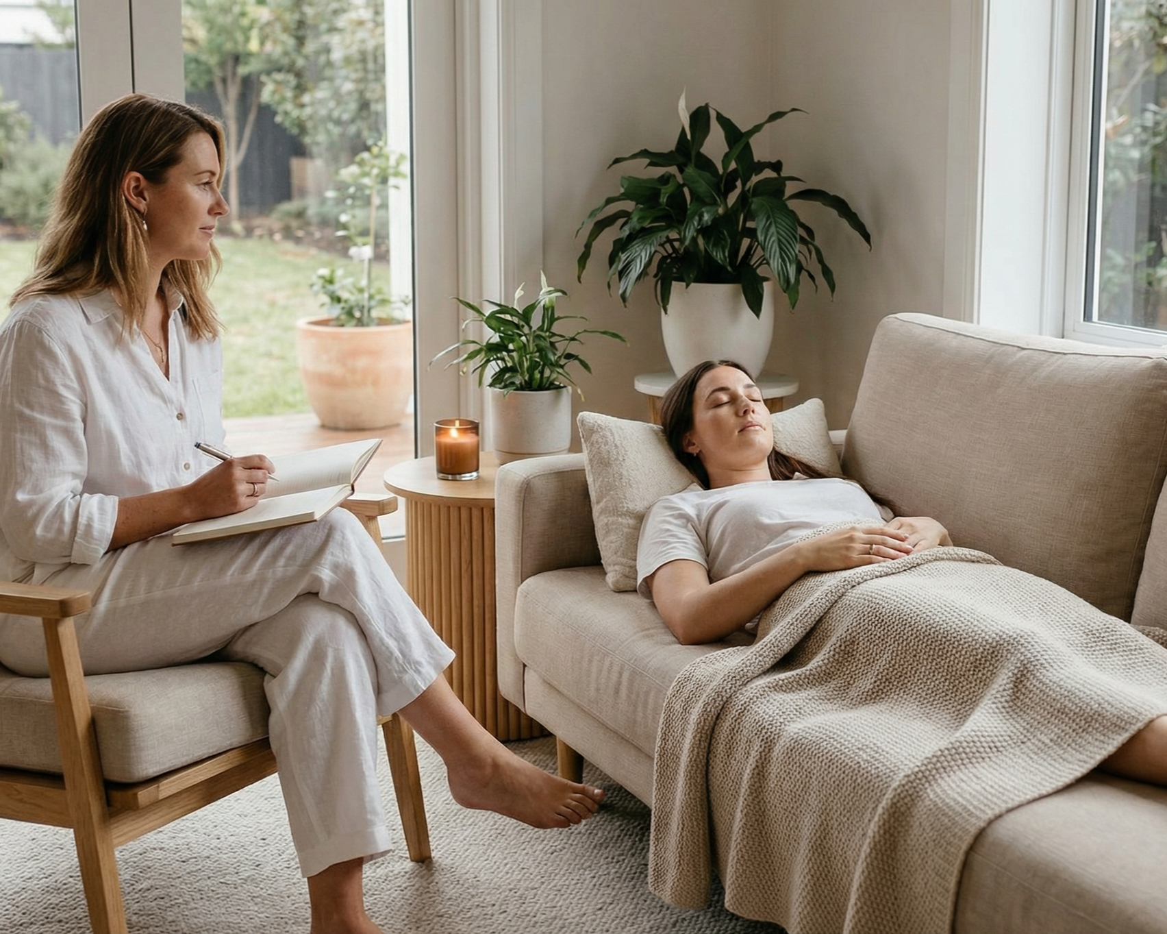 Quantum Healing Hypnosis (QHHT/BQH) session – client in deep relaxation on couch with practitioner guiding from beside at Spark Healing Toronto & Playa del Carmen