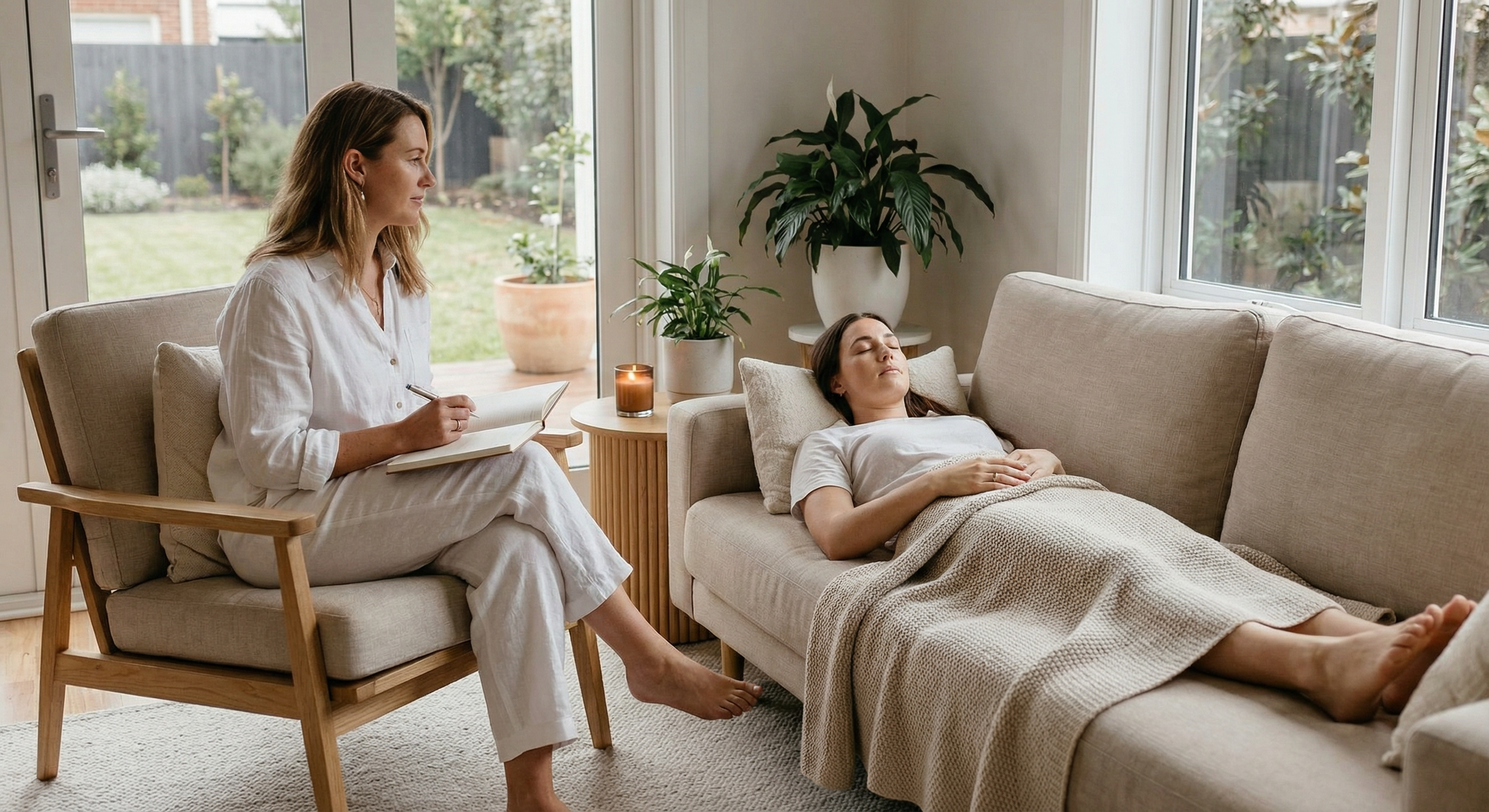 Quantum Healing Hypnosis (QHHT/BQH) session – client in deep relaxation on couch with practitioner guiding from beside at Spark Healing Toronto & Playa del Carmen