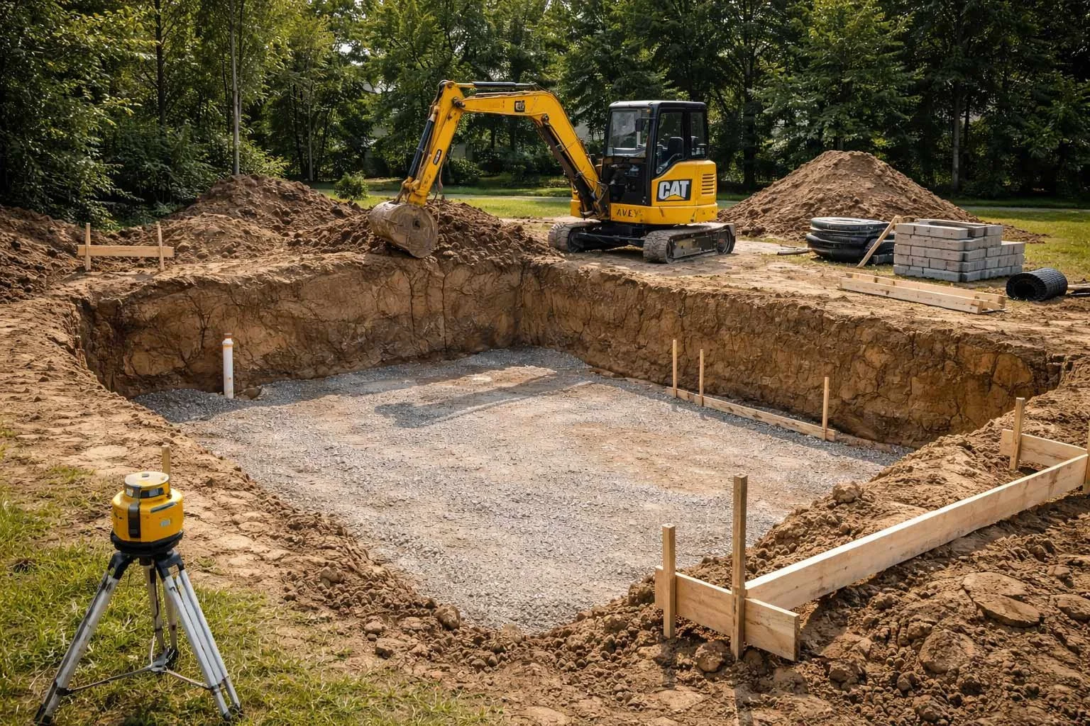 Excavation preparing foundation footprint for new residential construction.