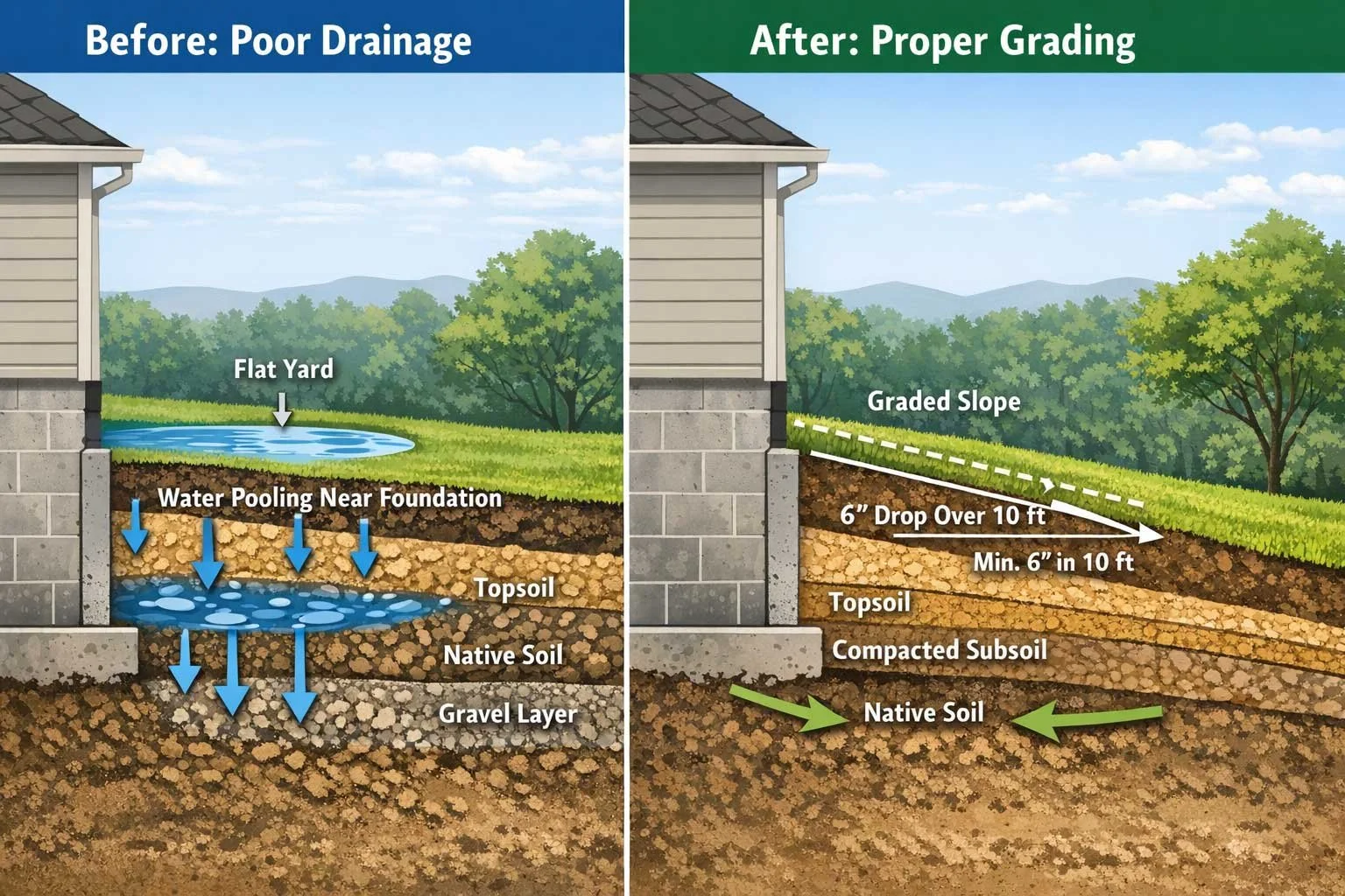 Diagram showing proper yard grading around a house foundation with 6 inch drop over 10 feet to direct water away from the home.