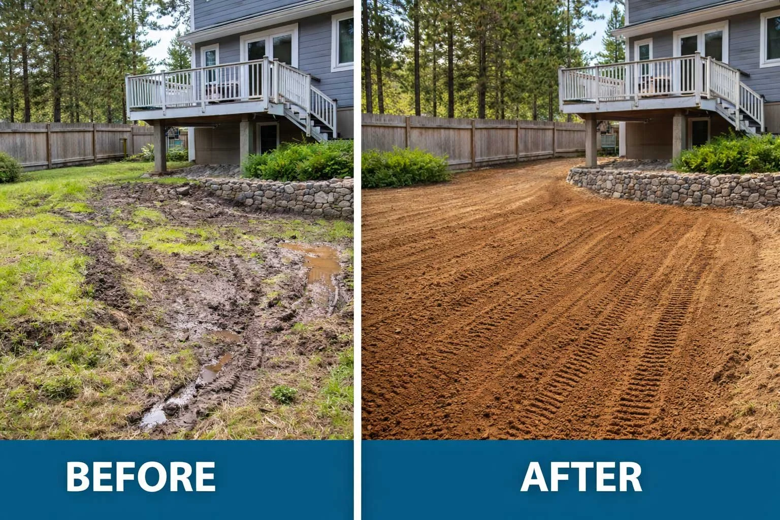 Before and after yard grading showing uneven yard with water pooling near the house compared to properly graded soil sloping away from the foundation.