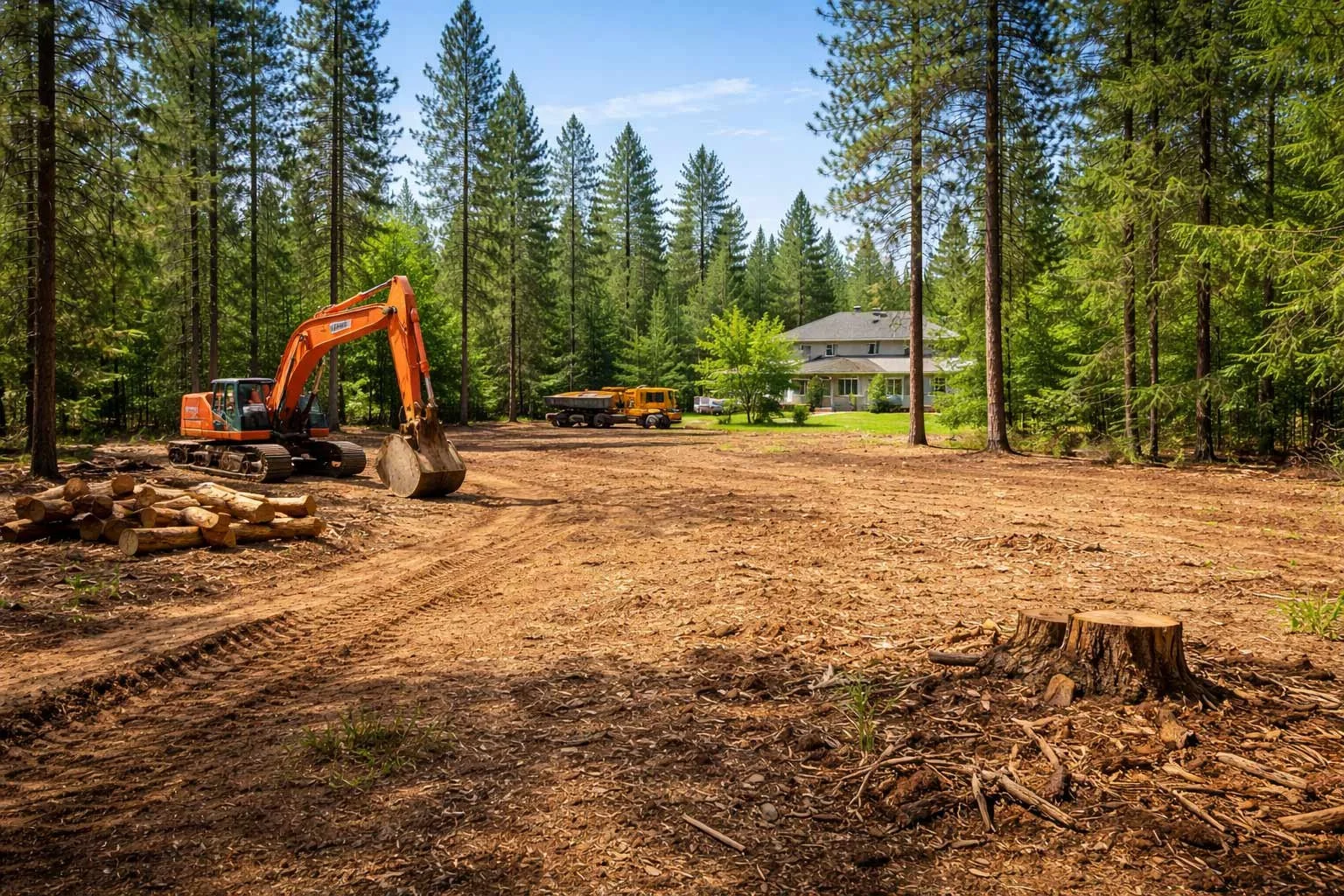 Residential land clearing project preparing a wooded lot for construction in the Spokane area