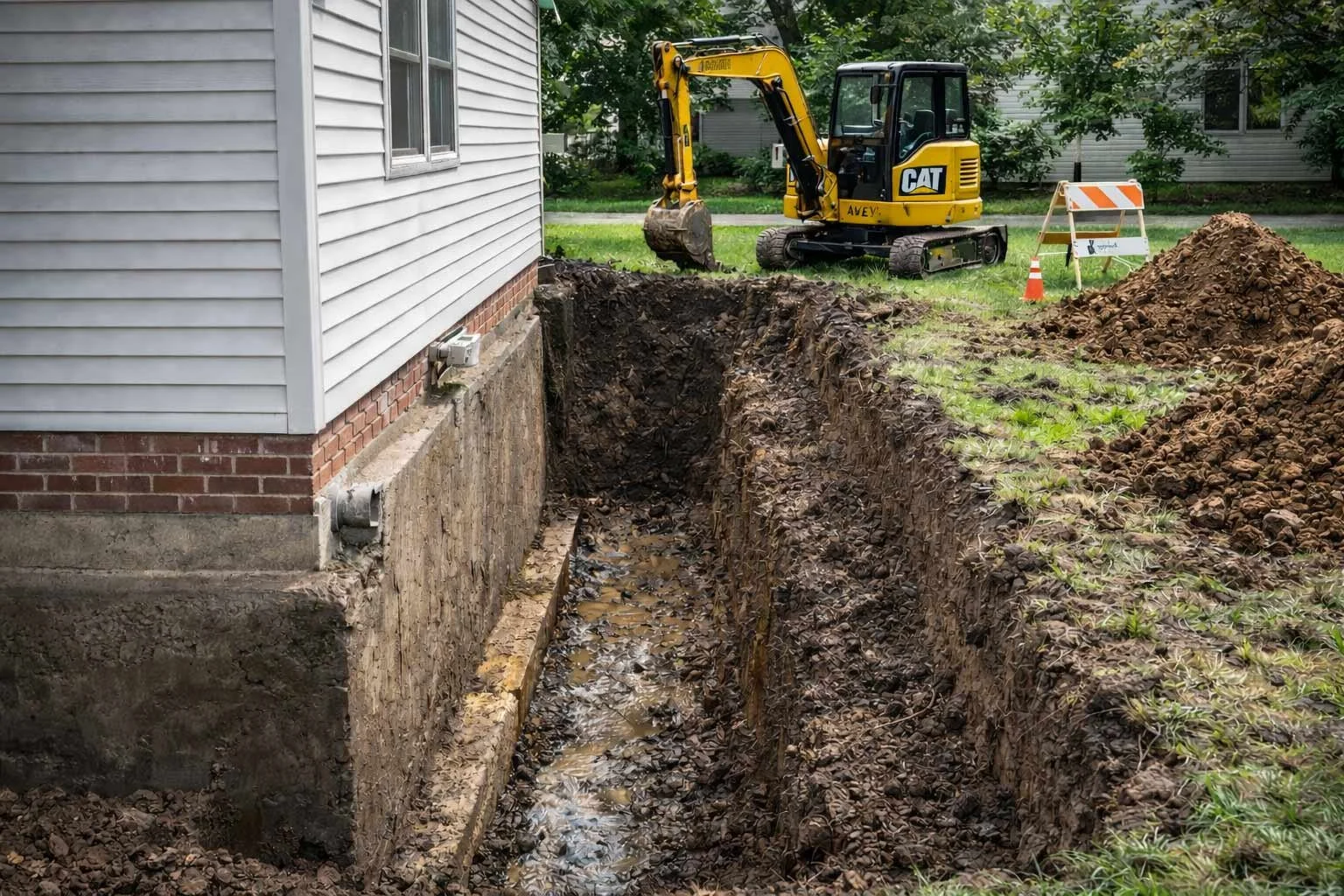Excavation trench beside a house foundation for residential drainage system installation.