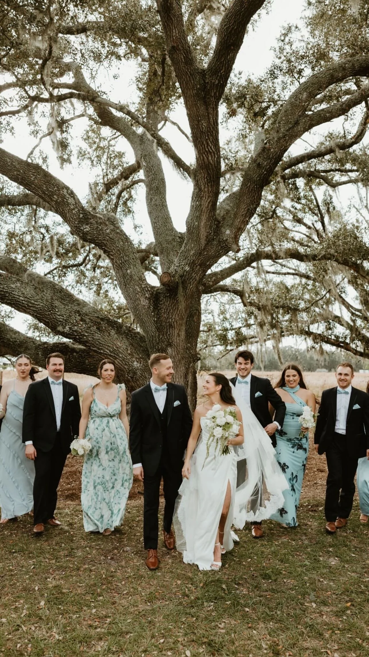 Wedding party portraits with happy couple in south Florida December wedding