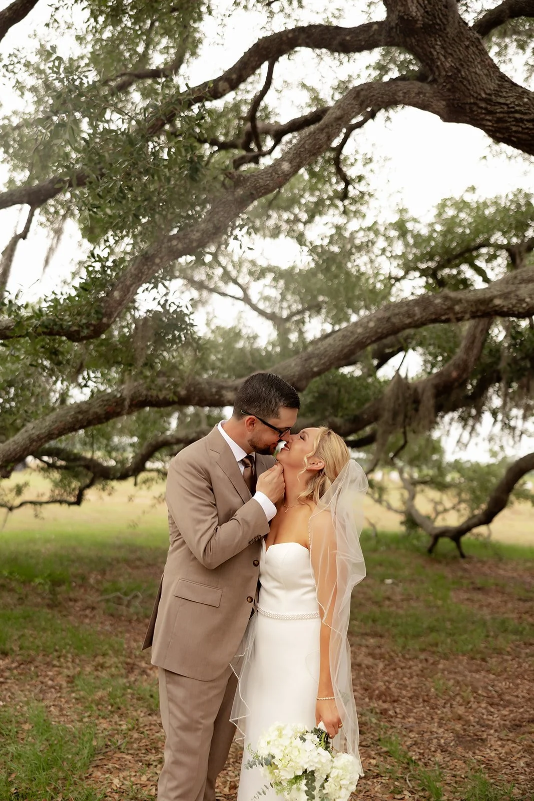 Bride and groom kissing under sweeping live oak tree with Spanish moss at Browns Grove Sarasota