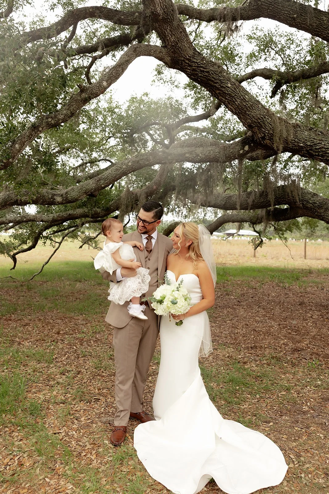Groom holding baby daughter in lace dress while bride looks on lovingly under oak tree at Browns Grove Sarasota