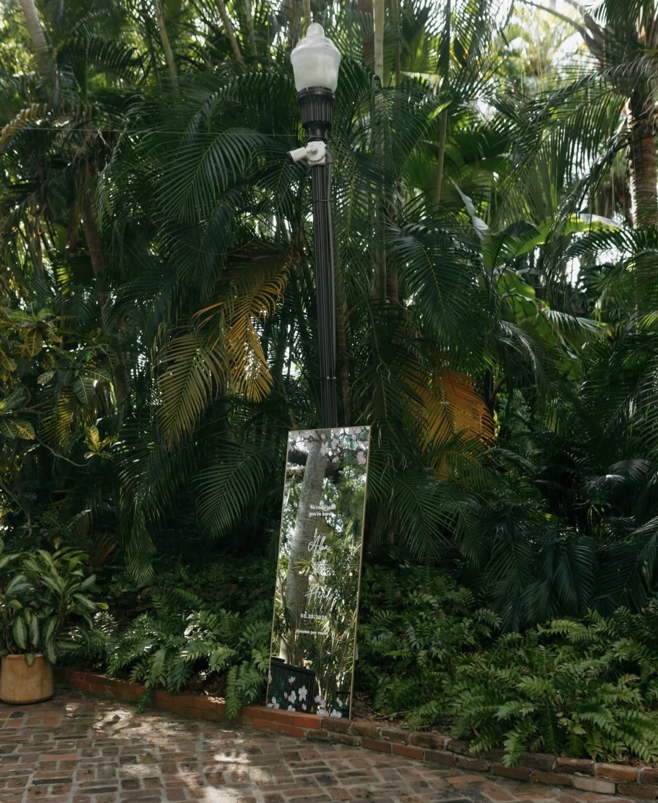 Ornate mirror welcome sign leaning against a black lamp post surrounded by dense tropical palms and greenery at Sunken Gardens Tampa wedding, planned by Peony Wedding Co.