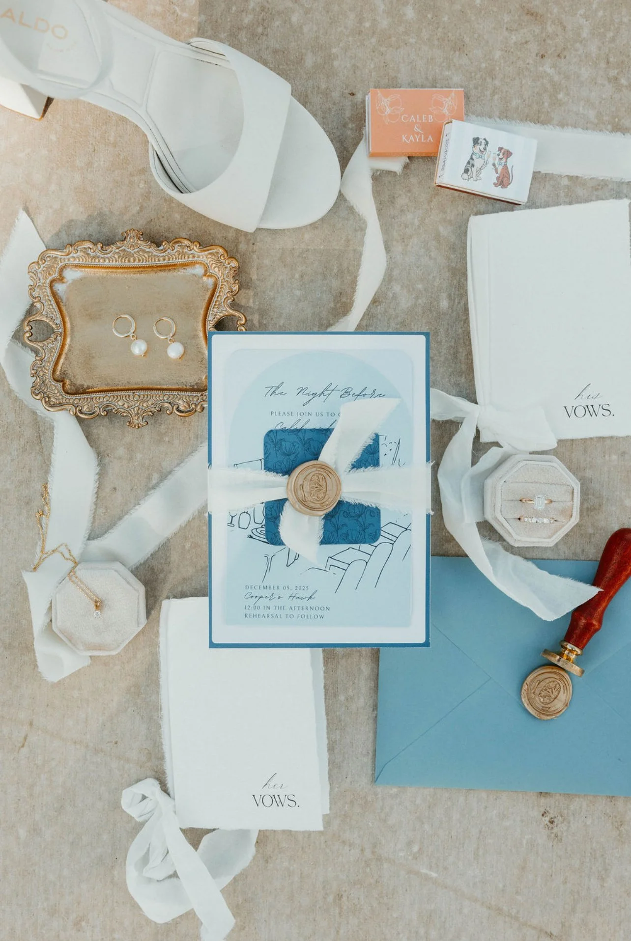 French countryside–inspired wedding flat lay at Browns Grove in Sarasota, Florida