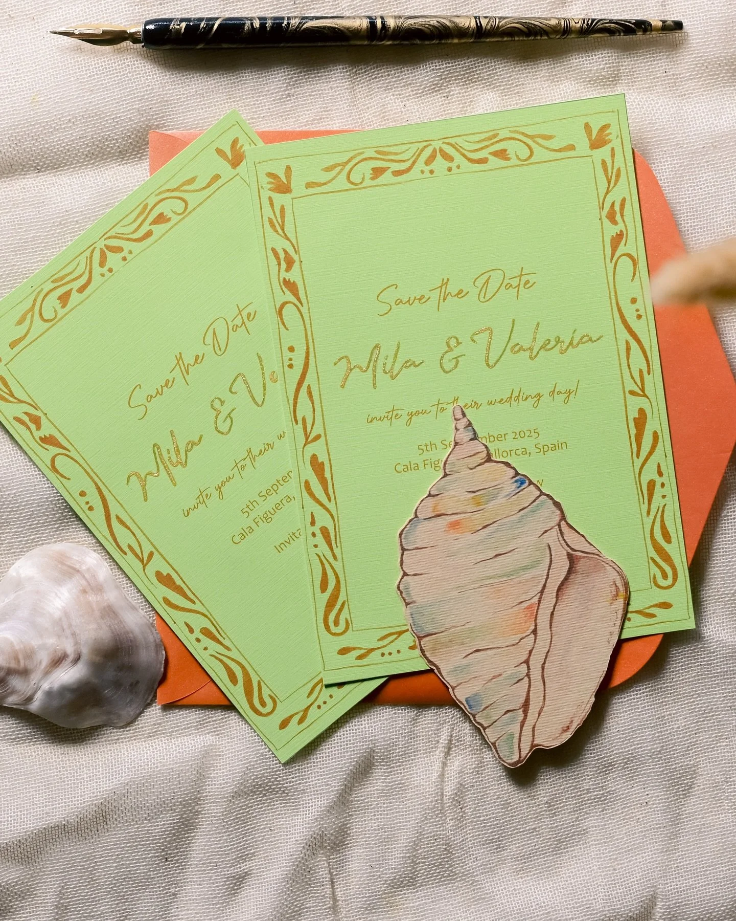 Bold, beachy, and anything but basic.
 This Save the Date was made to feel like the beginning of something magical &mdash; and unmistakably you.
 From the hand-painted shell to the custom color palette, every detail speaks your story.
💌 Save the dat