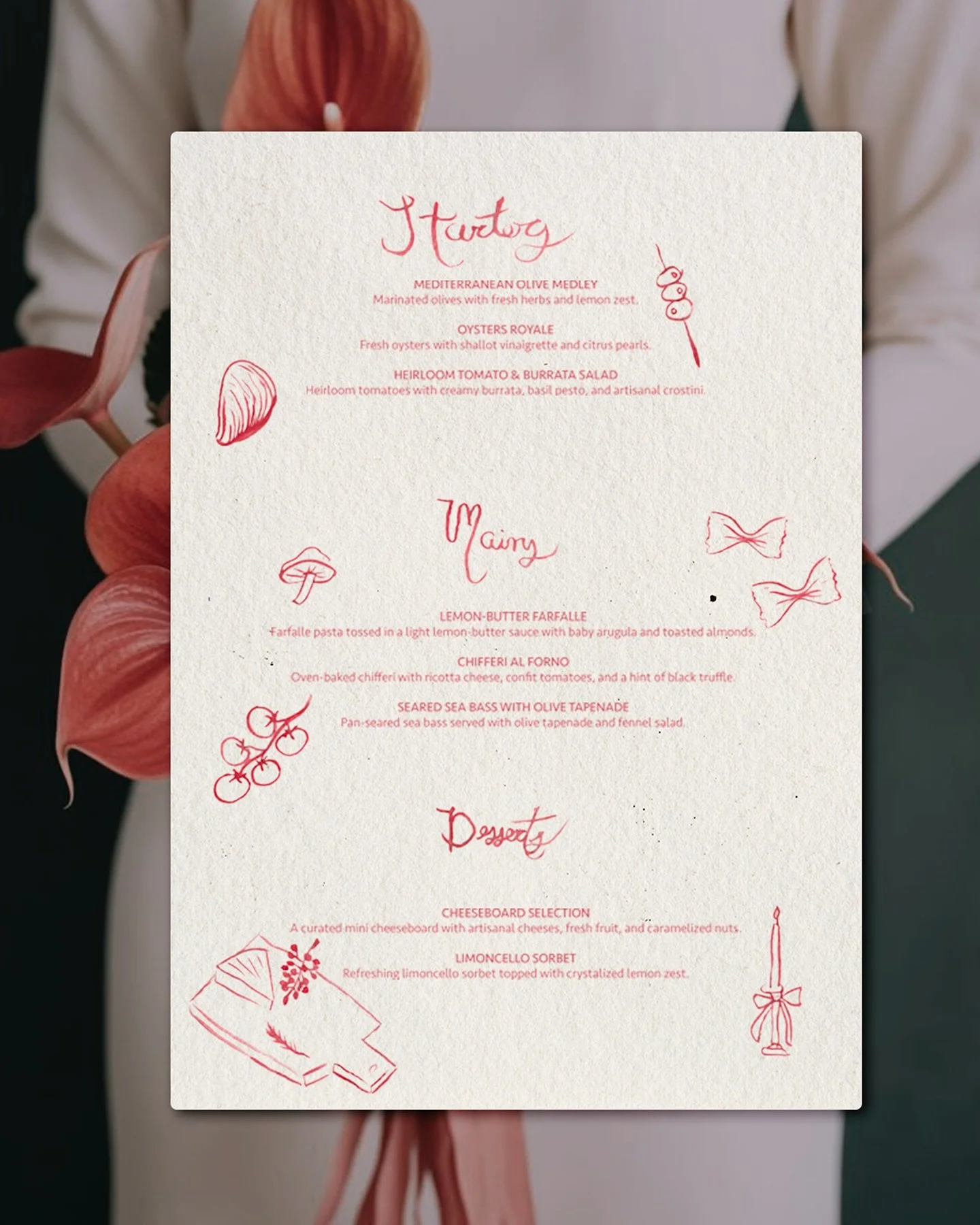 Yes, even the menu gets the spotlight it deserves.
 Designed to match the mood, the palette, and the kind of feast that stays in memory.
 Because every detail &mdash; even this one &mdash; tells part of your story.

#WeddingMenu #ArtfulWeddings #Cust