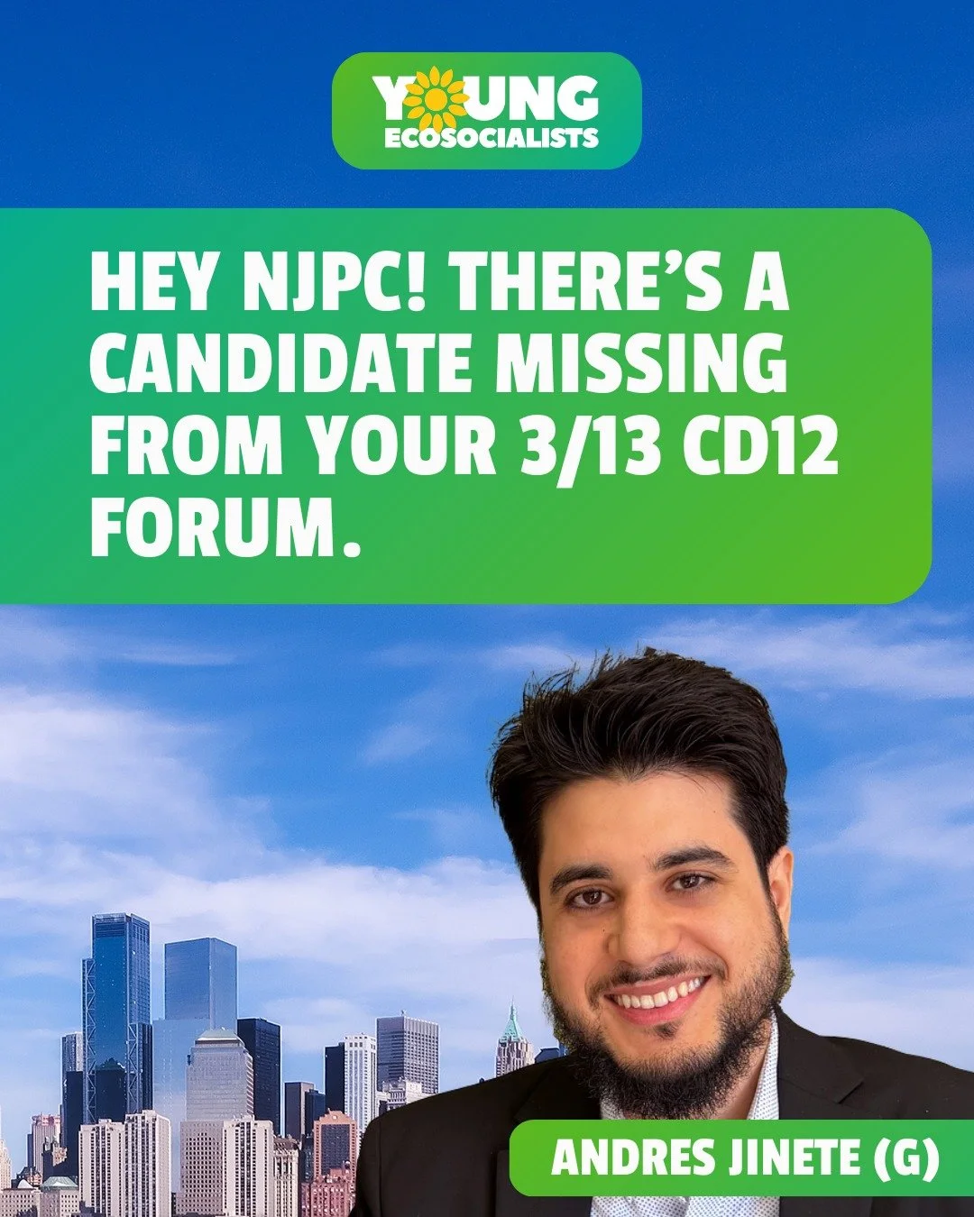 The people deserve to interact with their potential elected officials. Help the people of New Jersey hear from Green candidate @andresfjinete by sharing this ask with the accounts below. 

@njcitizenssaction
@ruaaup_ptl
@trenton_naacp
@aclunj
@ruaaup