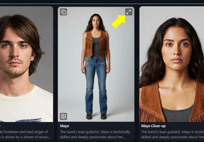 Screenshot of a digital profile with three sections. The middle section features a full-body photo of a woman with long dark hair, wearing a brown fringed vest over a black top and blue jeans, standing against a grey background.