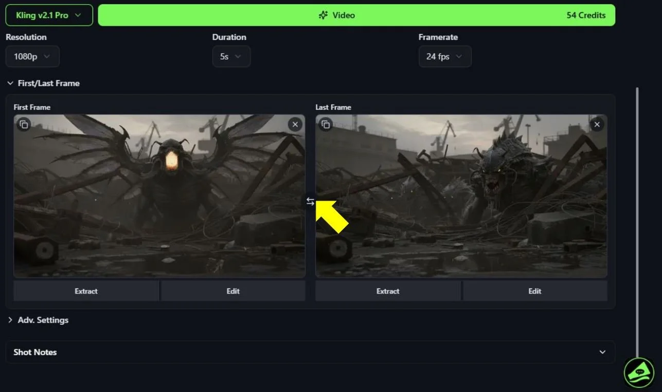 A screenshot of a video editing software showing two frames of a dark, apocalyptic scene with monstrous creatures. The first frame features a large insect-like creature with wings and a glowing orifice in its face. The second frame shows the same creature with a more visible, snarling face and multiple limbs amid debris in a ruined urban environment.