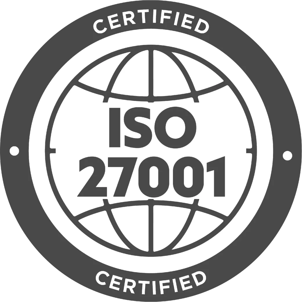 ISO 27001 certification badge featuring a globe symbol and the words 'Certified' at the top and bottom.