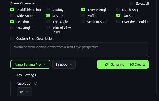 Screenshot of a scene coverage selection menu with options such as establishing shot, wide angle, reaction, low angle, cowboy, close up, high angle, point of view, custom shot description, reverse angle, profile, medium shot, two shot, over the shoulder, Dutch angle; checkbox selections; a custom shot description field; dropdown for camera model and image count; a generate button, and advanced settings for resolution.