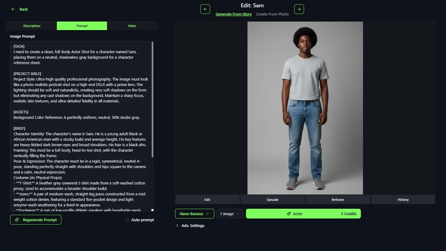 A full-body portrait of a young adult Black man with an afro hairstyle, wearing a light gray T-shirt and blue jeans, standing against a neutral gray background.