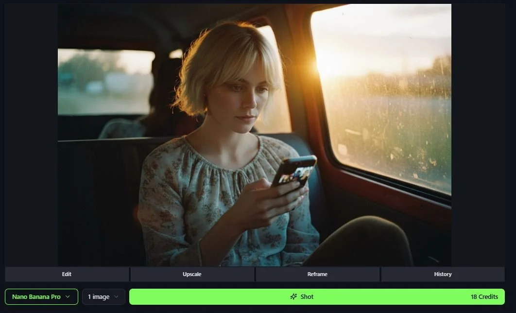 A young woman with blonde, short hair sitting inside a vehicle and looking at her phone, with the sun setting outside the window.