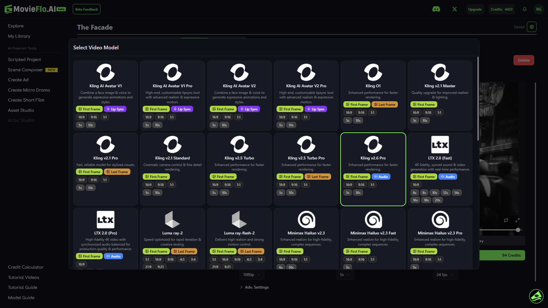 Screenshot of MovieFlo.ai website showing a selection of video models for creating animated avatars, including various 'Kling AI Avatar' options and 'LTX 2.0' model, with a dark user interface and green highlights.