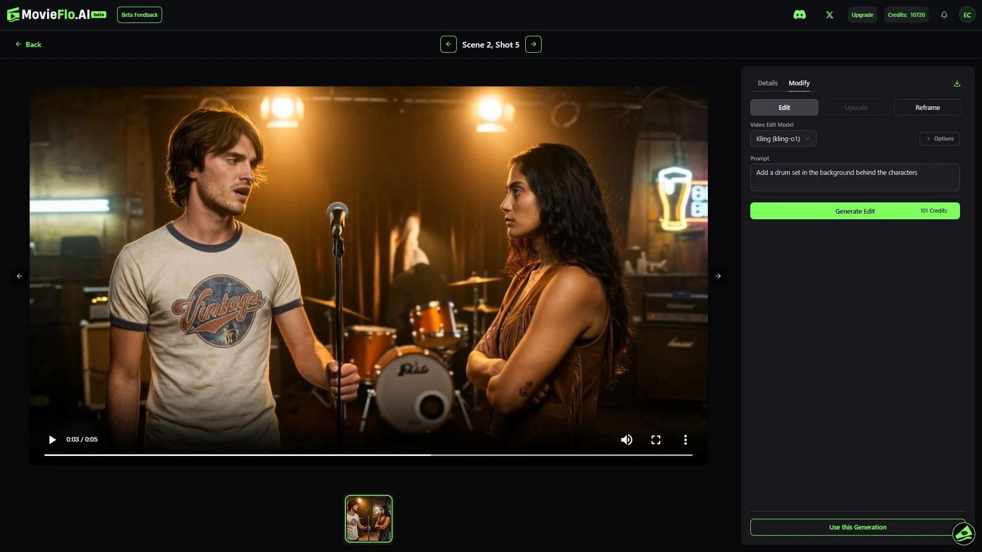 A young man and woman having a conversation in a music studio with a drum set and neon signs in the background.