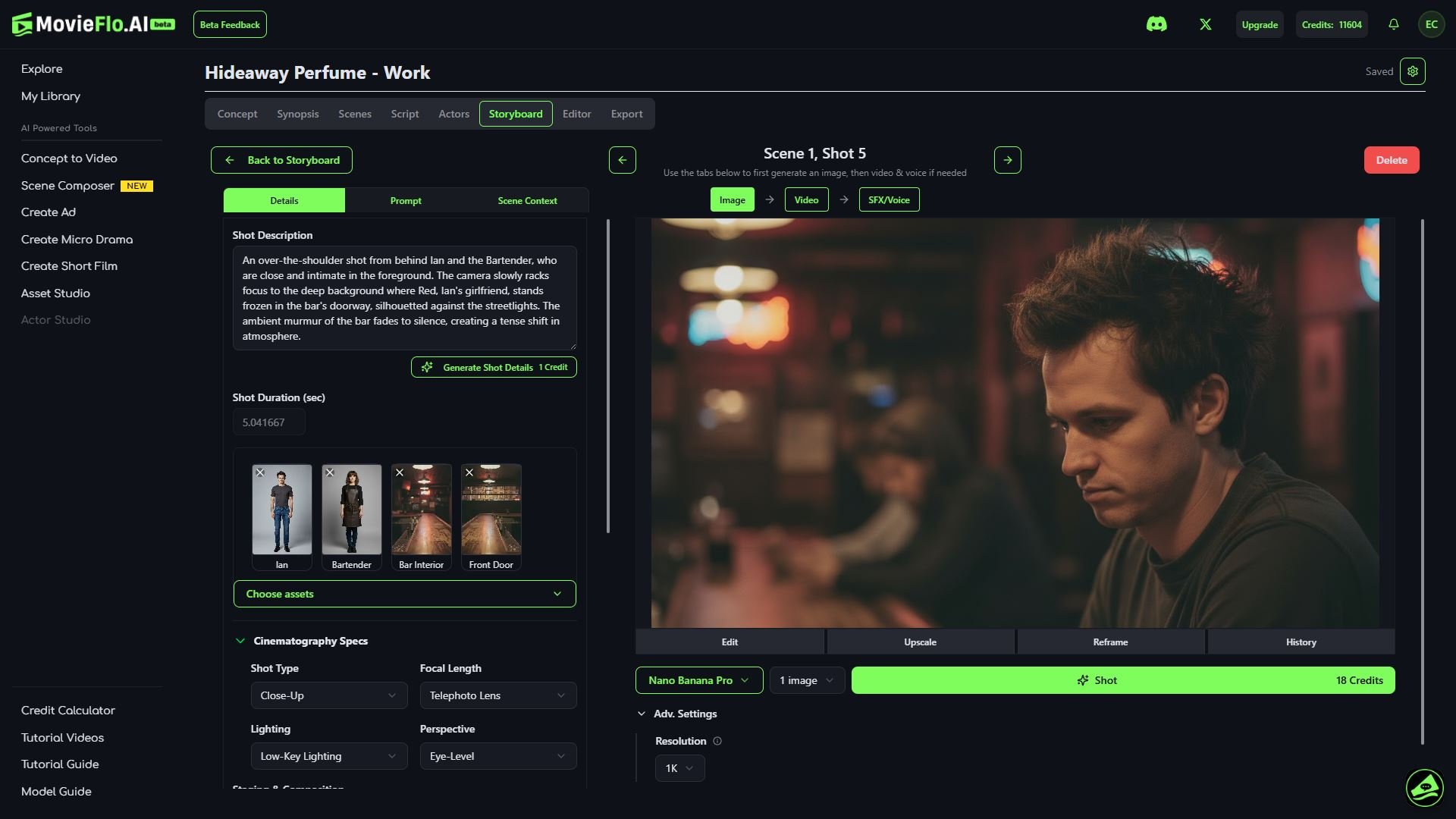 A scene from a film showing a man with dark hair in a bar or nightclub with dim, colorful lighting. In the background, there is a woman sitting at a table.