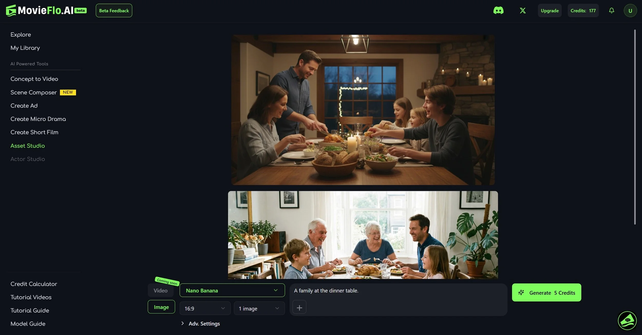 Two family scenes at dinner, with a family of five, including grandparents, parents, and children, enjoying a meal at a wooden table in a cozy, well-lit home setting.